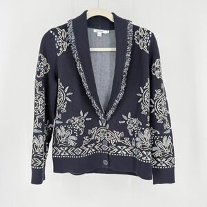 Cottagecore New Blue Intarsia Floral Collar Fringe Cardigan Sweater M Chicos